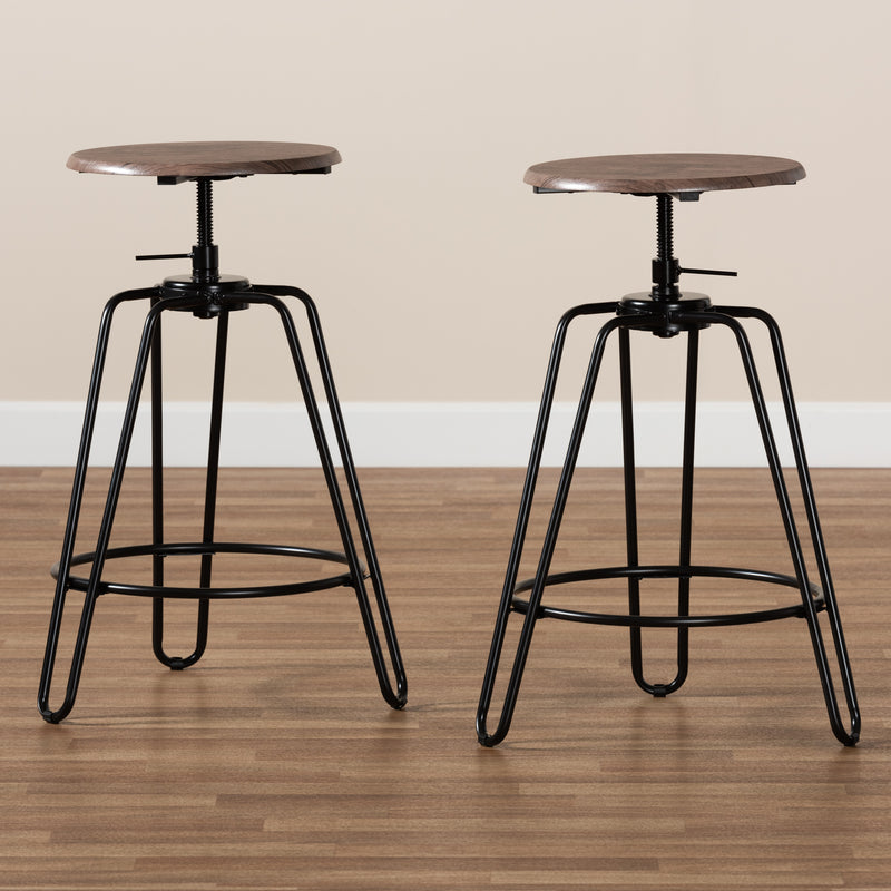 Veera Bar Stool Set - Vintage Industrial Rustic Walnut Wood and Black Metal, 2-Piece Adjustable Swivel Design for Home or Kitchen