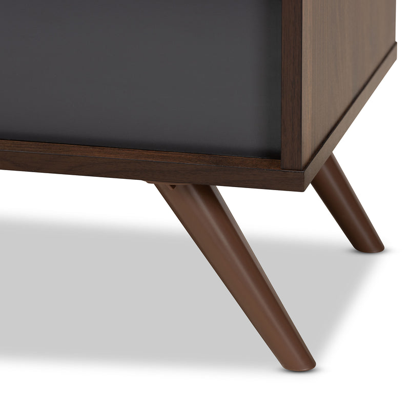 Naoki TV Stand - Modern Two-Tone Grey and Walnut Wood with Drop-Down Compartments for Stylish Living Room Storage