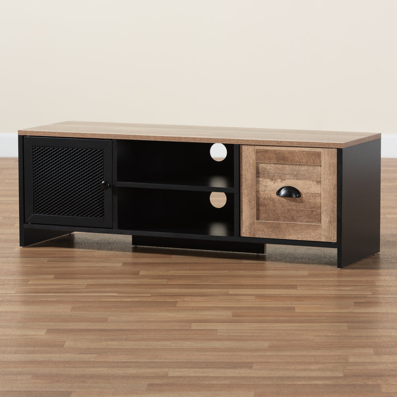 Connell TV Stand - Modern Industrial Design with Two-Tone Brown and Black Wood, Featuring 2 Doors for Storage