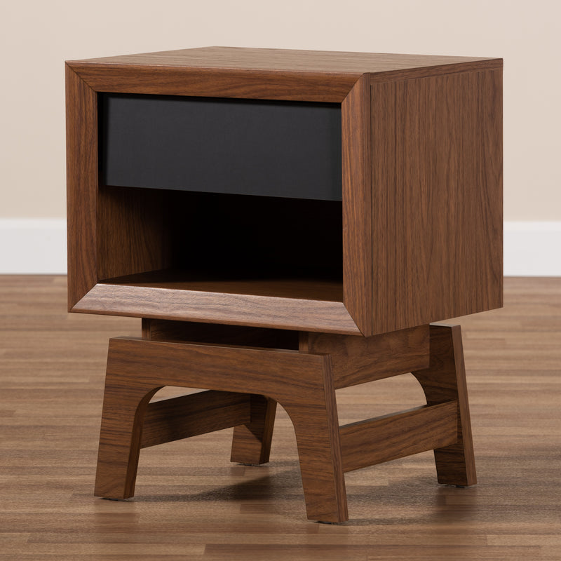 Svante Nightstand - Mid-Century Modern Walnut Brown and Dark Gray Wood with 1 Drawer for Bedroom Storage