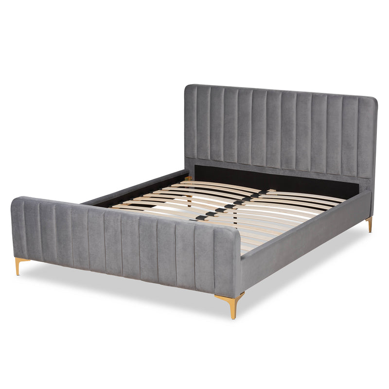 Nami Platform Bed - Modern Contemporary Glam and Luxe Light Grey Velvet Fabric Upholstered with Gold Finish