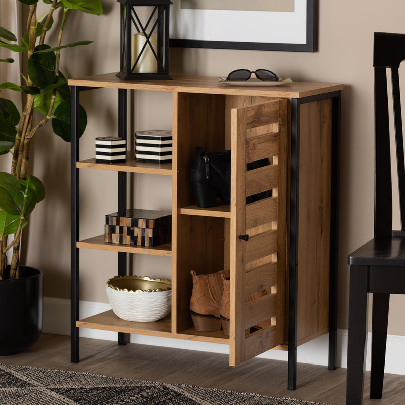 Vander Shoe Storage Cabinet Modern Contemporary Design Oak Brown Wood Black Metal 1 Door Organized Footwear Storage