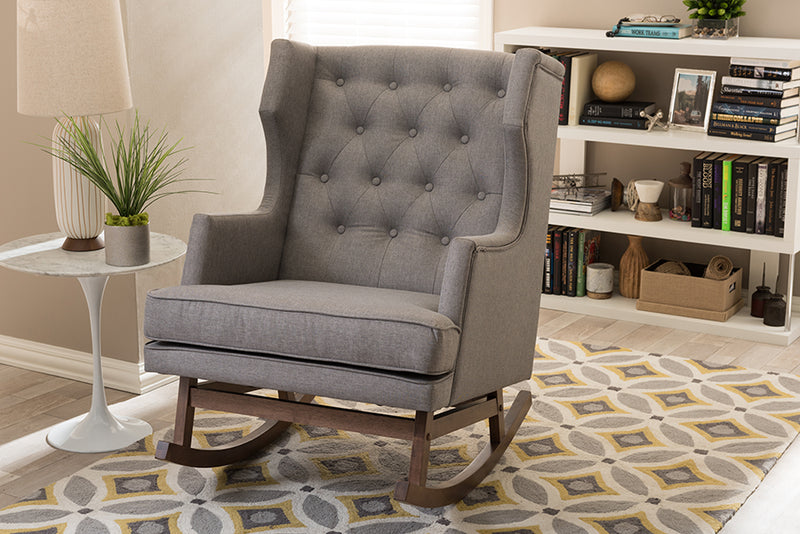 Iona Rocking Chair Mid-century Retro Modern Grey Fabric Upholstered Button-tufted Wingback