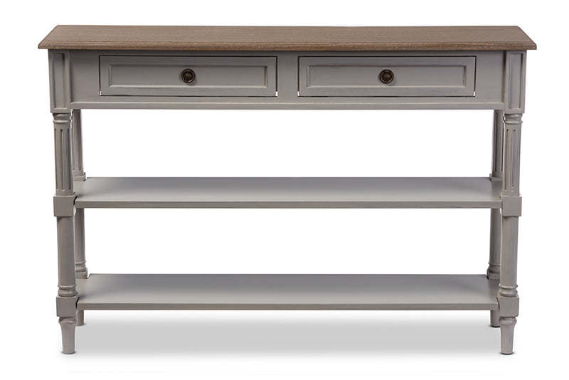 Edouard Console Table French Provincial Style White Wash Distressed Wood Grey Two-Tone 2-Drawer Design for Elegant Home Decor