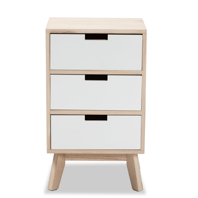 Halian Mid-Century Modern End Table - Two-Tone White and Light Brown Wood with 3 Drawers for Stylish Storage and Organization