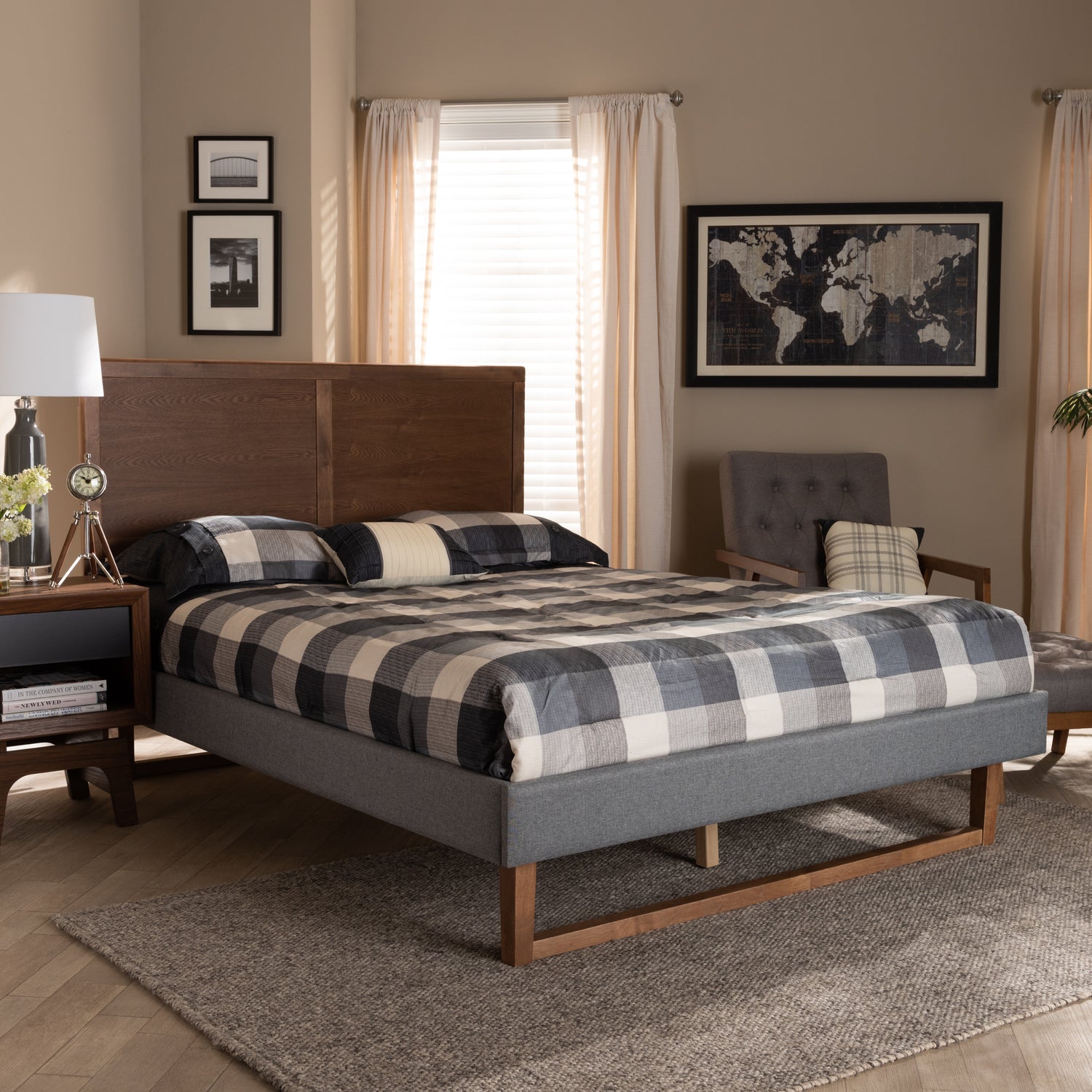 Allegra Platform Bed - Mid-Century Modern Dark Grey Fabric Upholstered with Ash Walnut Brown Finish