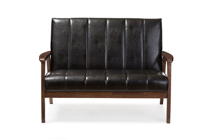 Nikko Loveseat Mid-century Modern Scandinavian Style Black Faux Leather Wooden 2-Seater