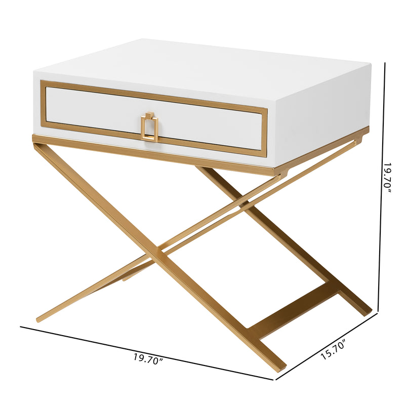 Lilibet End Table Modern Glam Luxe Design White Finished Wood Gold Metal 1 Drawer for Stylish Storage