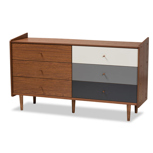 Halden Mid-Century Modern 6-Drawer Dresser in Multicolor Walnut Brown and Grey, Stylish Storage for Bedroom or Living Room