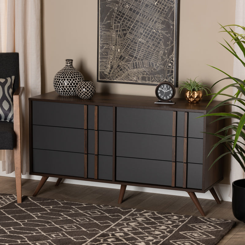 Naoki Bedroom Dresser Modern Two-Tone Grey and Walnut Finished Wood with 6 Drawers for Stylish Storage Solutions