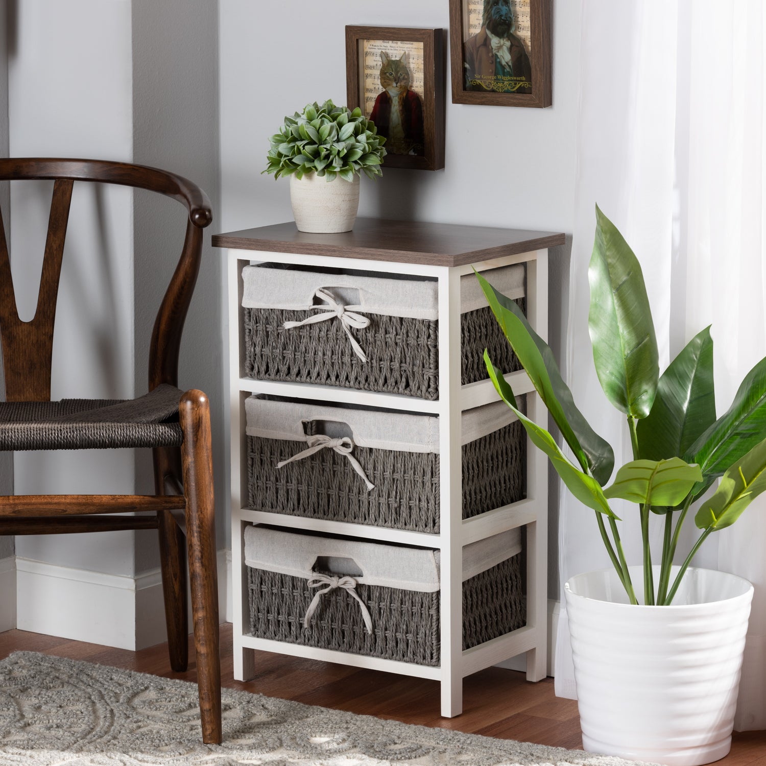 Terena Storage Unit - Modern Two-Tone Walnut Brown and White Wood with 3 Baskets for Organized Living and Stylish Décor