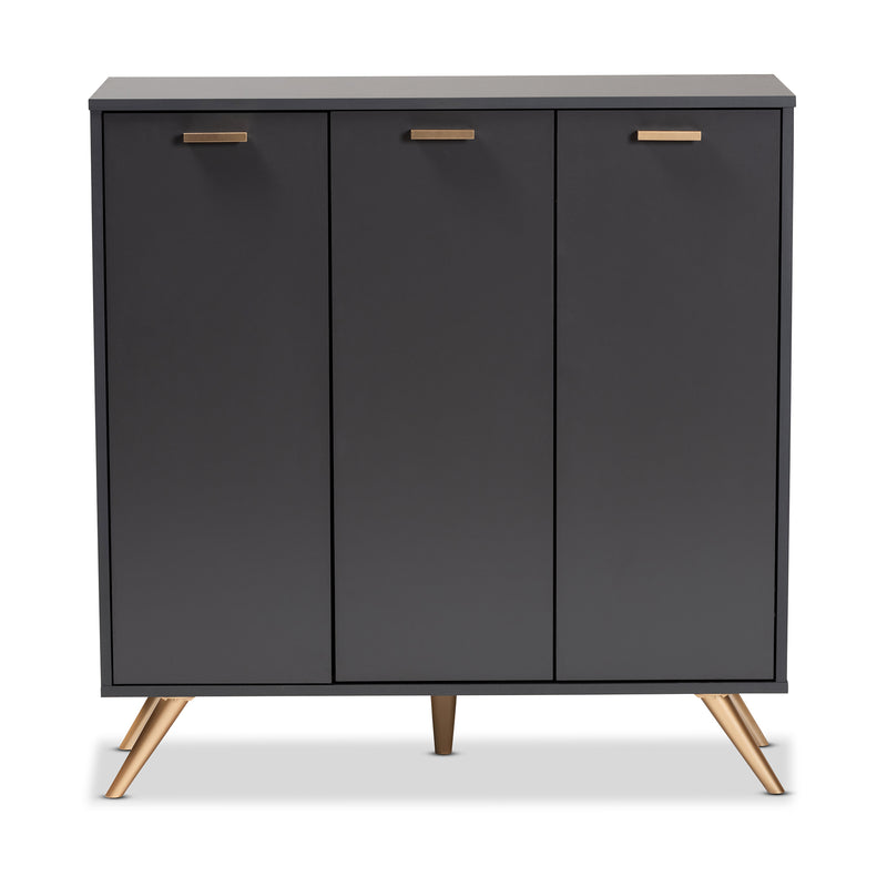 Kelson Shoe Cabinet Modern Dark Grey Wood with Gold Finish 3-Door Storage Solution for Organized Footwear