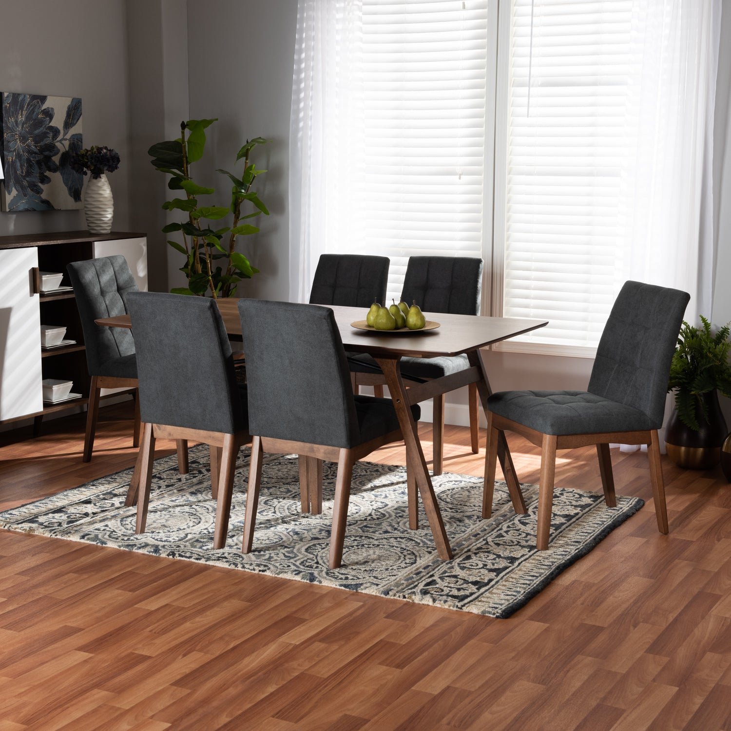 Tara Dining Set Mid-Century Modern Dark Grey Fabric Upholstered Walnut Brown Finished Wood 7-Piece