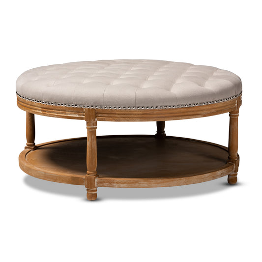 Ambroise Cocktail Ottoman French Provincial Beige Linen Upholstered White-Washed Oak Wood Button-Tufted Design with Convenient Shelf