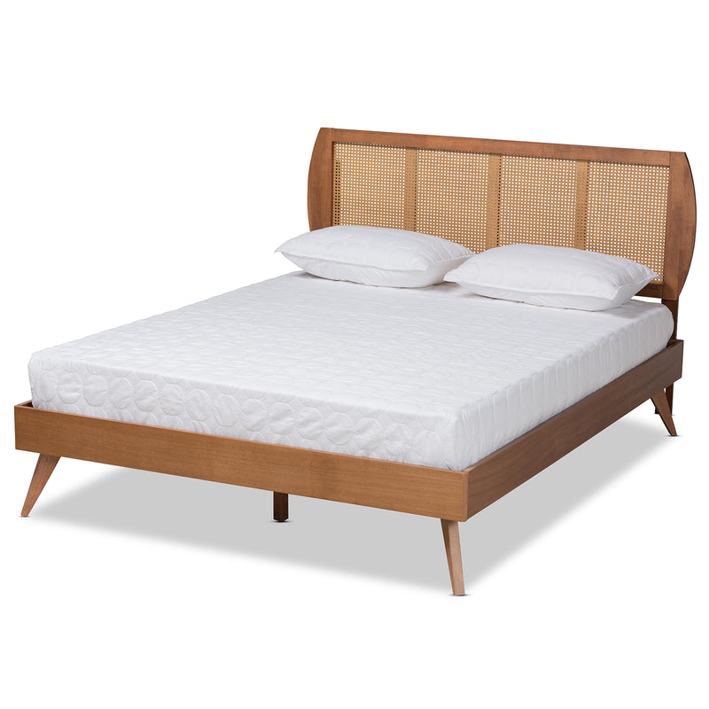 Asami Platform Bed - Mid-Century Modern Walnut Brown Finished Wood and Synthetic Rattan