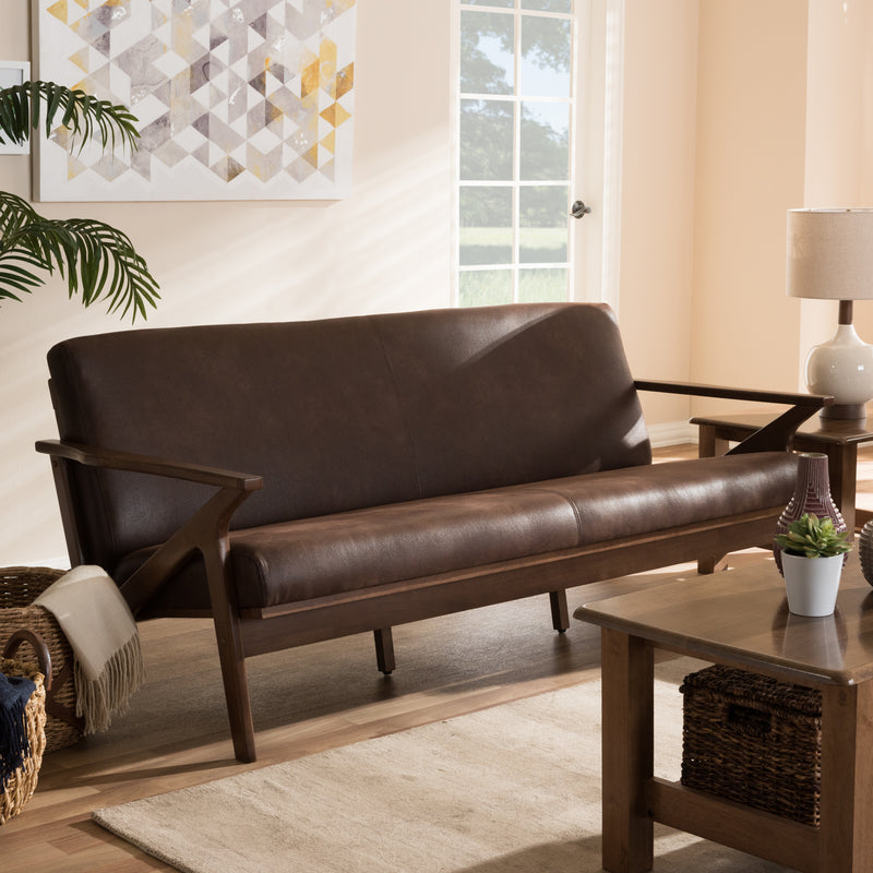 Bianca Sofa Mid-Century Modern Walnut Wood Dark Brown Distressed Faux Leather 3-Seater