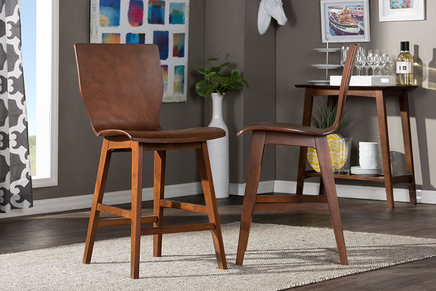 Elsa Counter Stool Set of 2 Mid-century Modern Scandinavian Dark Walnut Bent Wood Design for Kitchen or Bar Seating