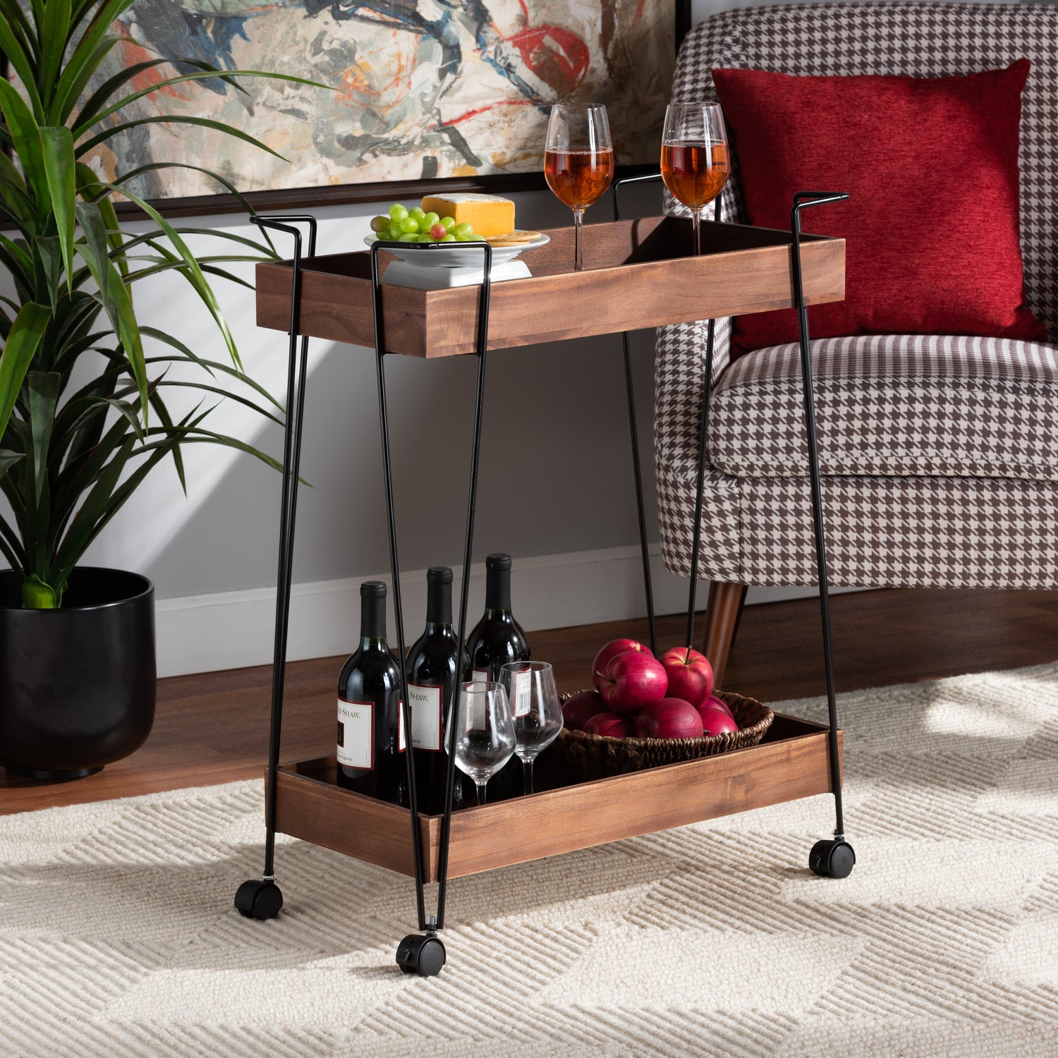 Reynard Wine Cart Modern Industrial 2-Tier Design with Walnut Brown Wood and Black Metal Frame for Stylish Home Bar or Dining Room