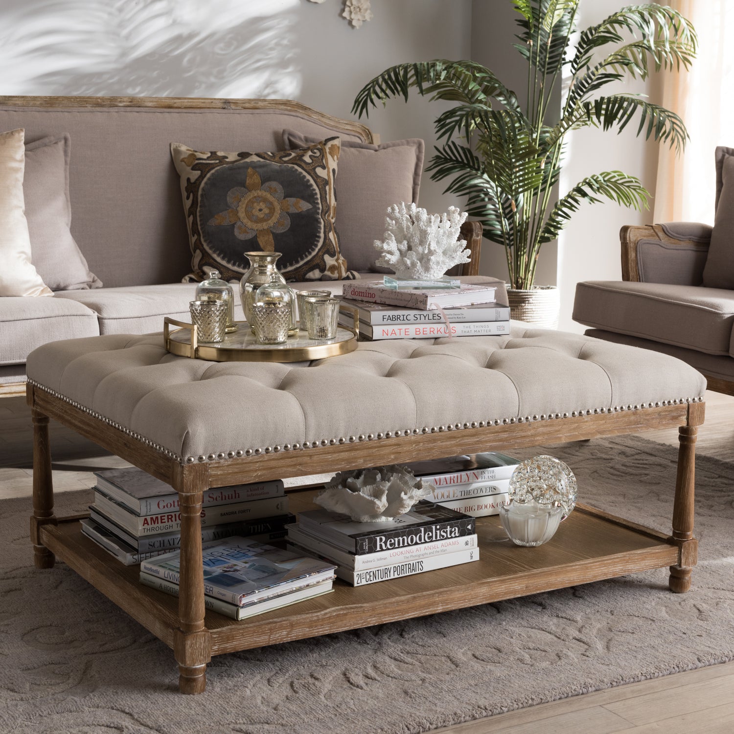 Carlotta Rectangular Coffee Table Ottoman in Weathered Oak and Beige Linen - French Country Style Living Room Furniture