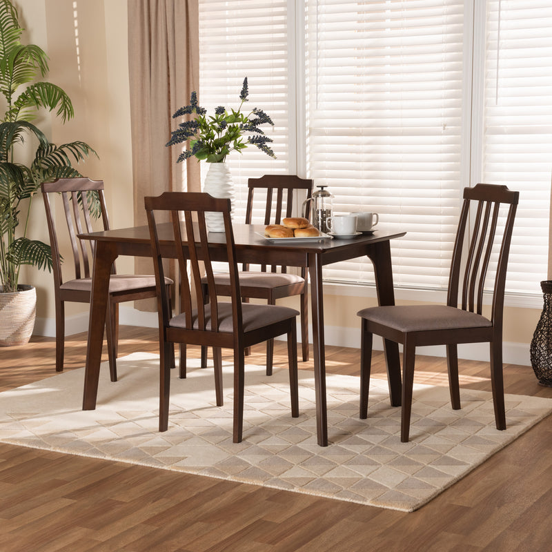 Clarissa Dining Set Mid-Century Modern 5-Piece Collection in Warm Grey Fabric and Dark Brown Wood Finish