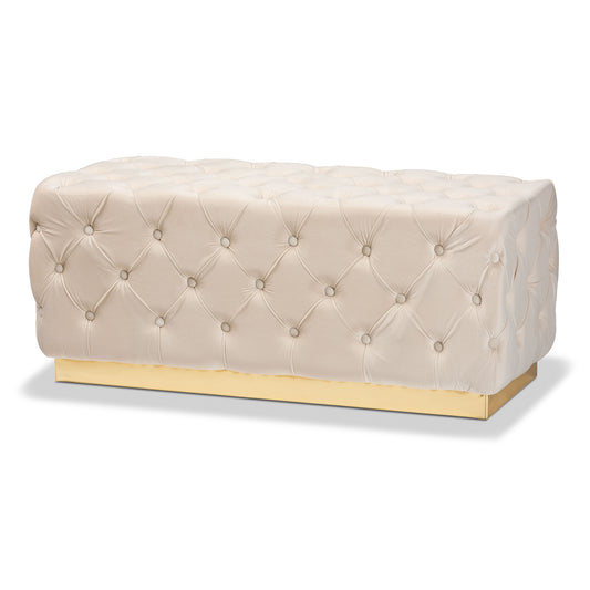 Corrine Ottoman Luxe Beige Velvet Fabric Upholstered with Gold PU Leather