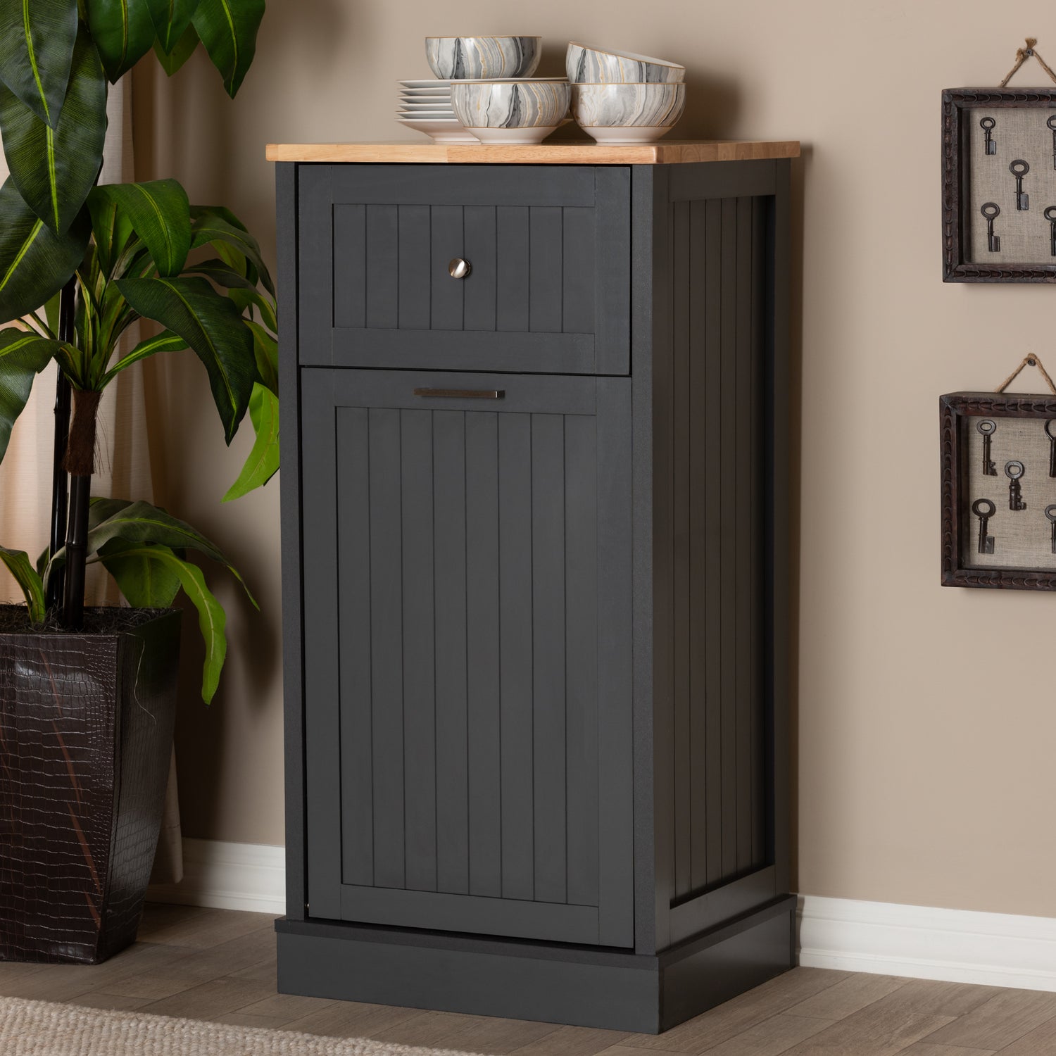 Marcel Kitchen Cabinet - Farmhouse and Coastal Style in Dark Grey and Oak Finish for Modern Home Decor