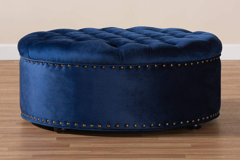 Iglehart Ottoman Modern and Contemporary Royal Blue Velvet Fabric Upholstered Tufted