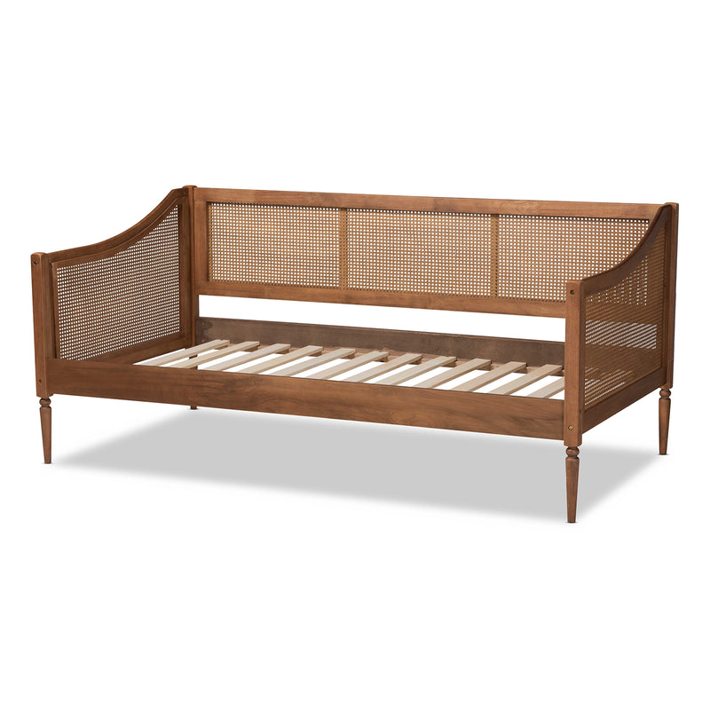 Ogden Twin Size Daybed in Mid-Century Modern Style with Walnut Brown Wood and Rattan Accents