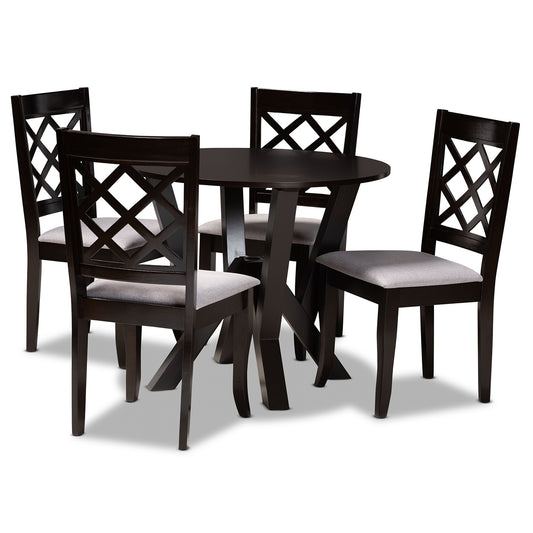 Adina Dining Set Modern Contemporary 5-Piece Grey Fabric Upholstered Dark Brown Finished Wood