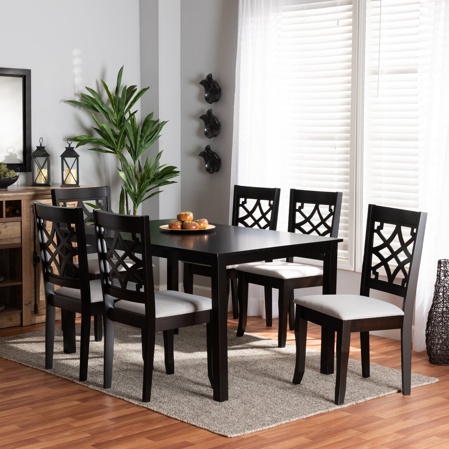 Mael Dining Set Modern Contemporary Grey Fabric Upholstered Dark Brown Finished Wood 7-Piece