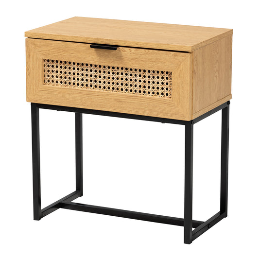 Sawyer End Table - Mid-Century Modern Industrial Design in Oak Brown Wood and Black Metal with 1 Drawer and Rattan Accent