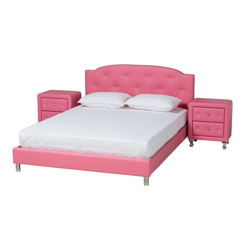 Canterbury Bedroom Set - Contemporary Glam Pink Faux Leather Upholstered 3-Piece