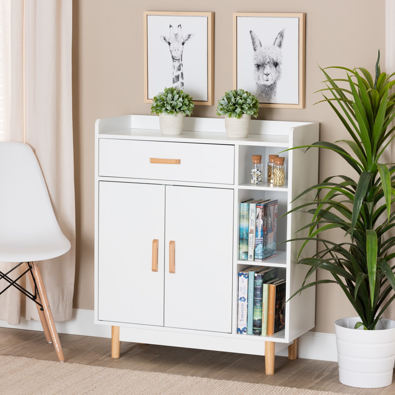 Russell Sideboard Mid-Century Modern Two-Tone White and Oak Wood 2-Door Storage Cabinet