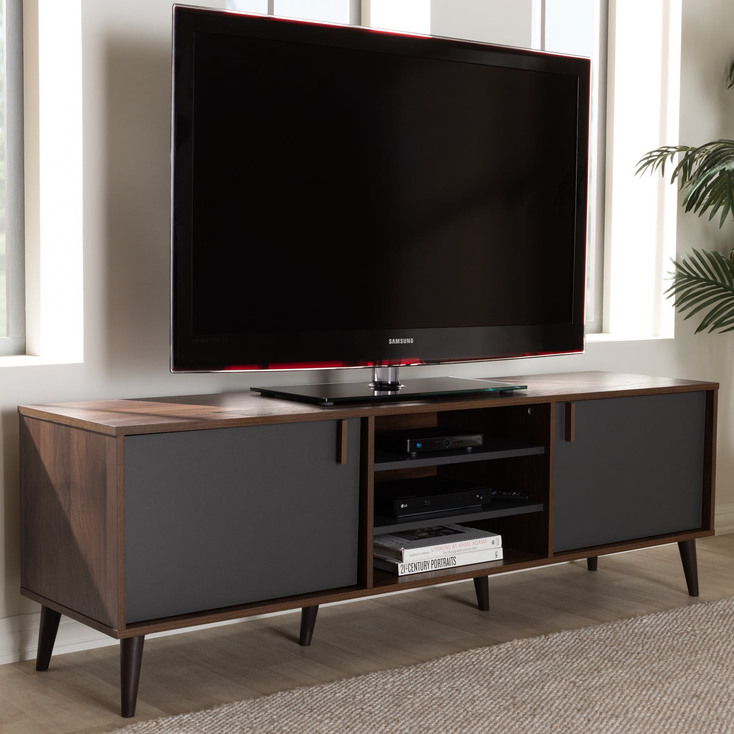 Samuel Mid-Century Modern TV Stand in Brown and Dark Grey with Storage and Stylish Design