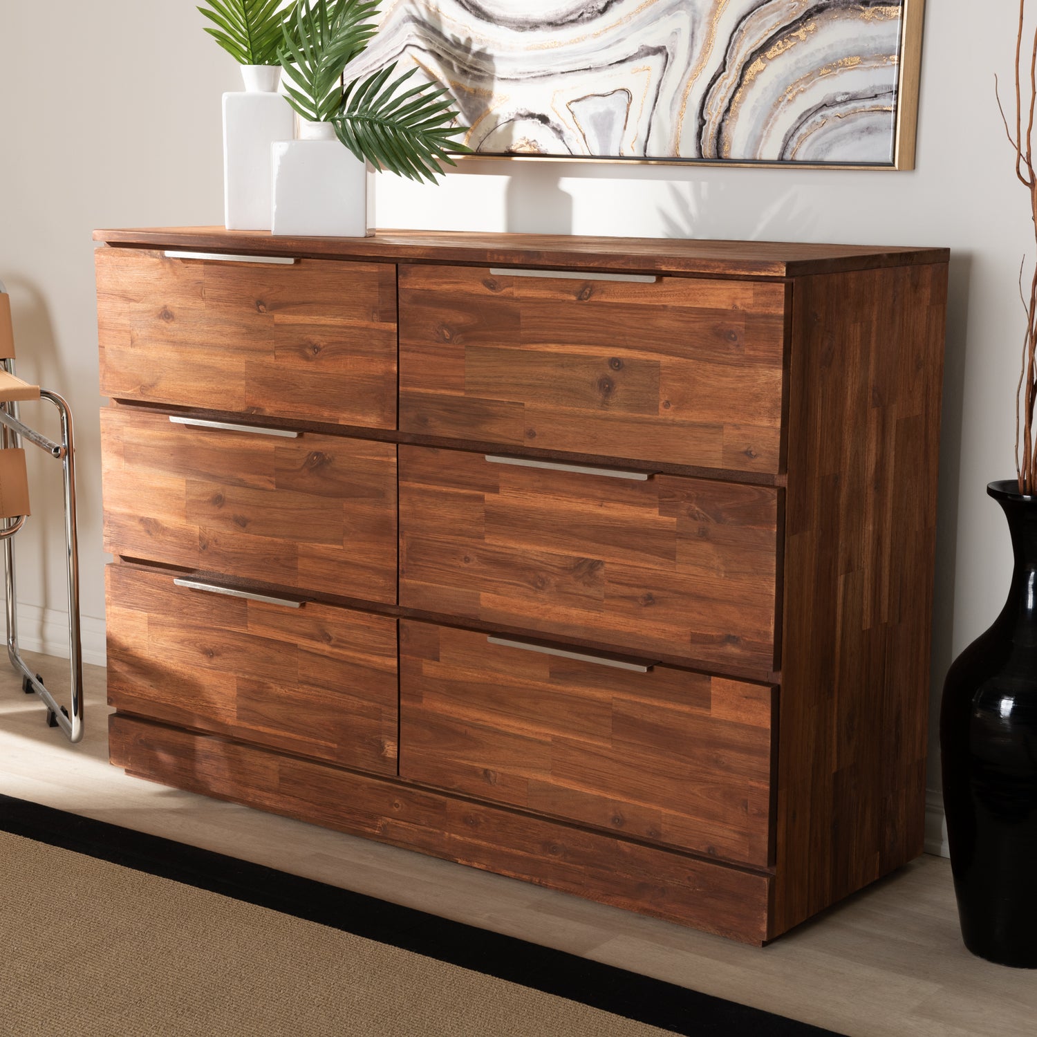 Austin Modern 6-Drawer Wood Dresser in Caramel Brown Finish for Stylish Bedroom Storage