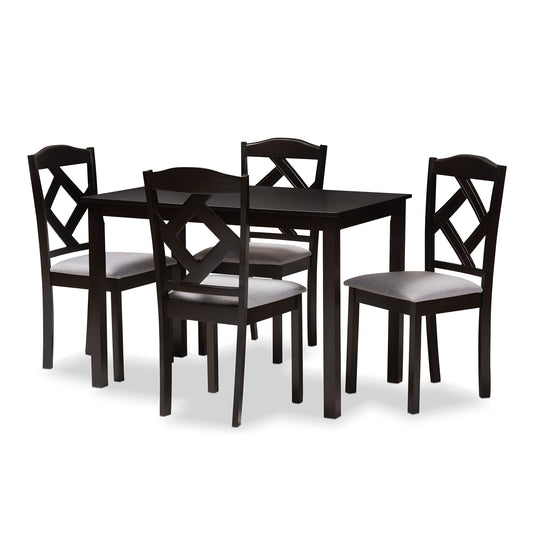 Ruth Dining Set Modern and Contemporary Espresso Brown Finished and Grey Fabric Upholstered 5-Piece