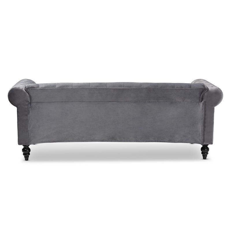 Emma Sofa Traditional Transitional Grey Velvet Fabric Upholstered Button Tufted Chesterfield