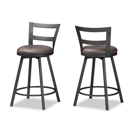 Arjean Counter Stool Set of 2 Rustic Industrial Grey Fabric Upholstered Design for Kitchen or Bar Seating