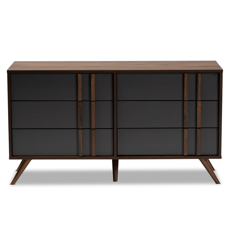 Naoki Bedroom Dresser Modern Two-Tone Grey and Walnut Finished Wood with 6 Drawers for Stylish Storage Solutions