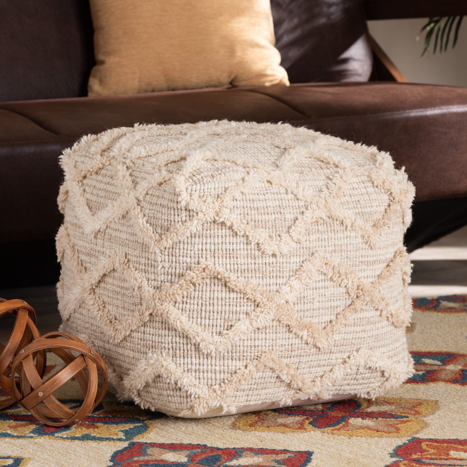 Carilyn Pouf Ottoman Modern Moroccan Inspired Ivory Handwoven Wool Blend Accent for Living Room or Bedroom Decor