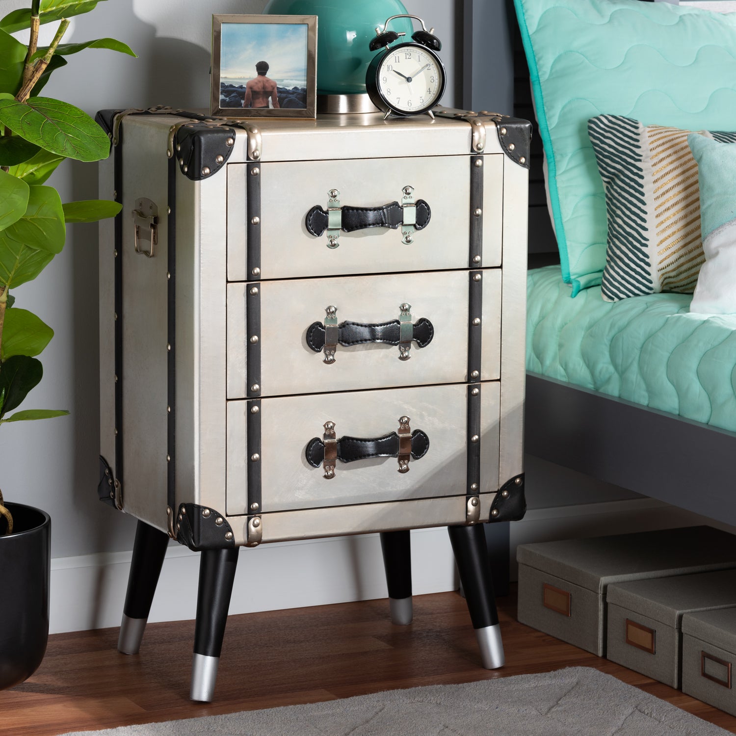 Dilan Vintage Industrial 3-Drawer End Table with Antique Silver Metal Trunk Design