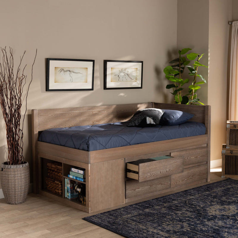 Levon Twin Size Storage Bed - Modern Design with Antique Oak Finish and 4 Drawers for Enhanced Organization