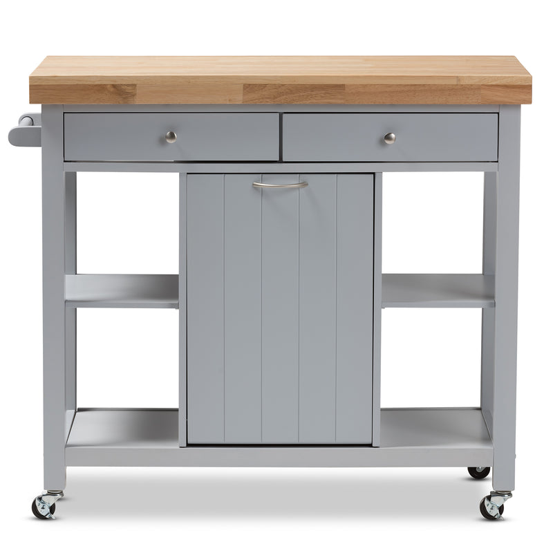 Hayward Kitchen Cart Coastal Farmhouse Style Light Grey Wood Mobile Storage Solution with Shelves and Wheels