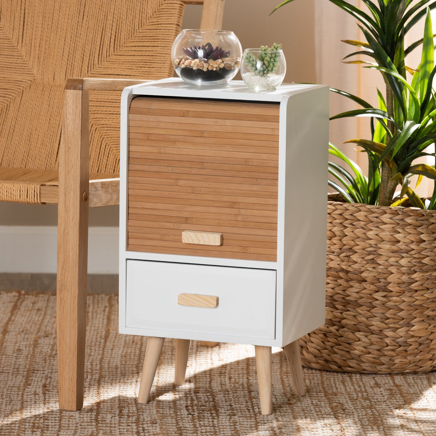 Nansen End Table - Mid-Century Modern Design in Two-Tone White and Oak Brown Wood with 1 Drawer for Storage