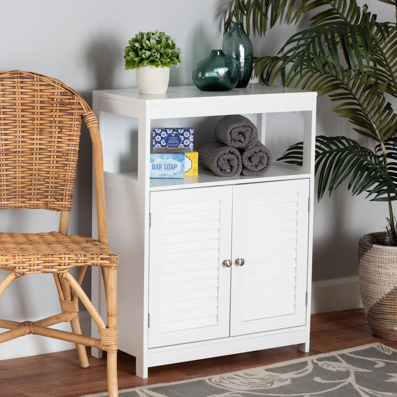 Rivera Bathroom Storage Cabinet - Modern White Wood and Silver Metal Design with 2 Doors for Stylish Organization