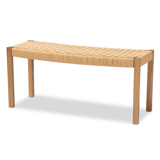 Pacari Accent Bench Rustic Transitional Design in Oak Brown Wood with Hemp Upholstery for Stylish Home Decor