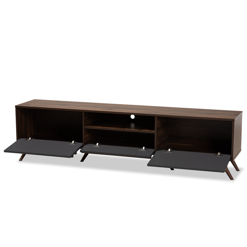 Naoki TV Stand - Modern Two-Tone Grey and Walnut Wood with Drop-Down Compartments for Stylish Living Room Storage