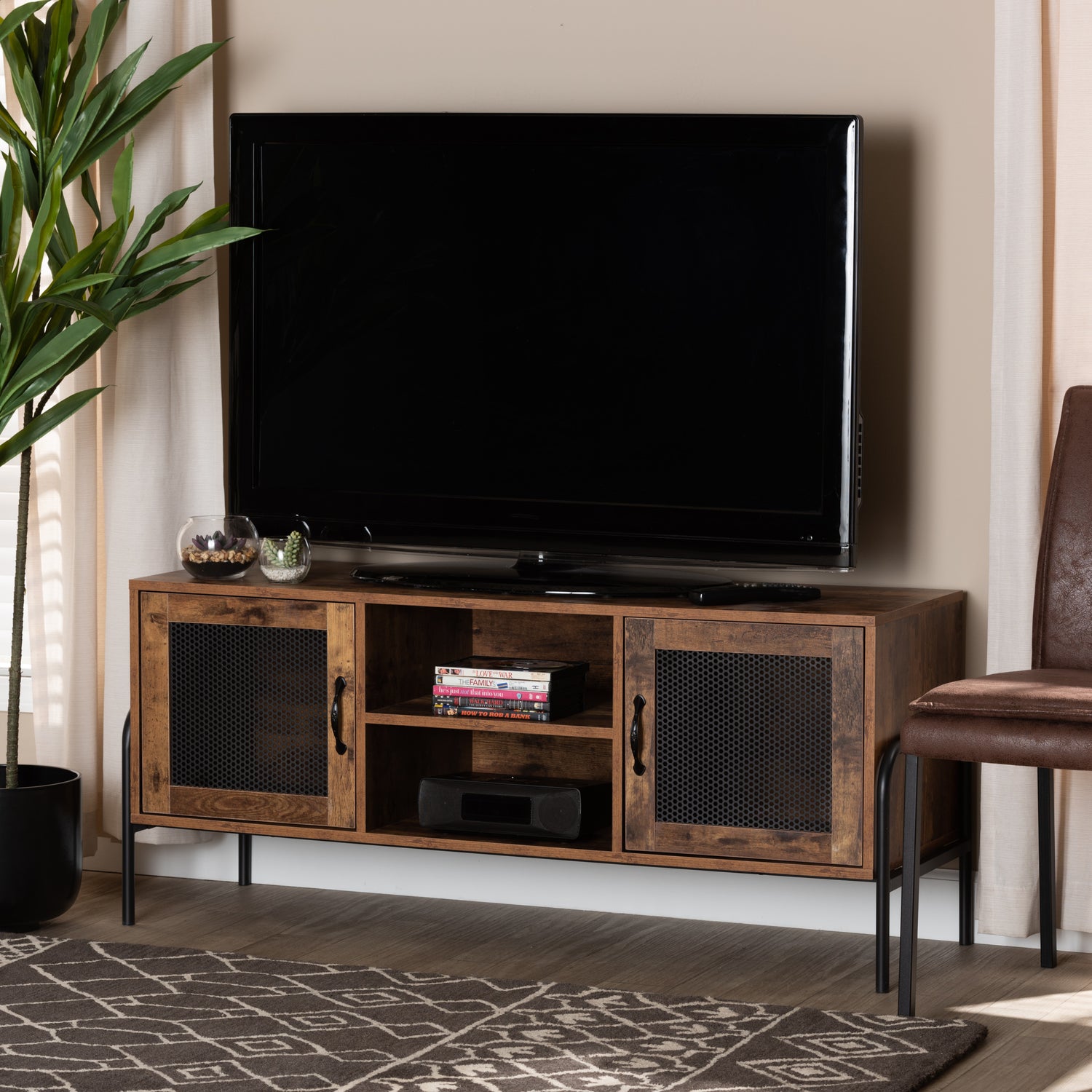 Valeska Modern Industrial 2-Door TV Stand in Walnut Brown Wood and Black Metal Frame, Stylish Entertainment Center for Living Room Storage