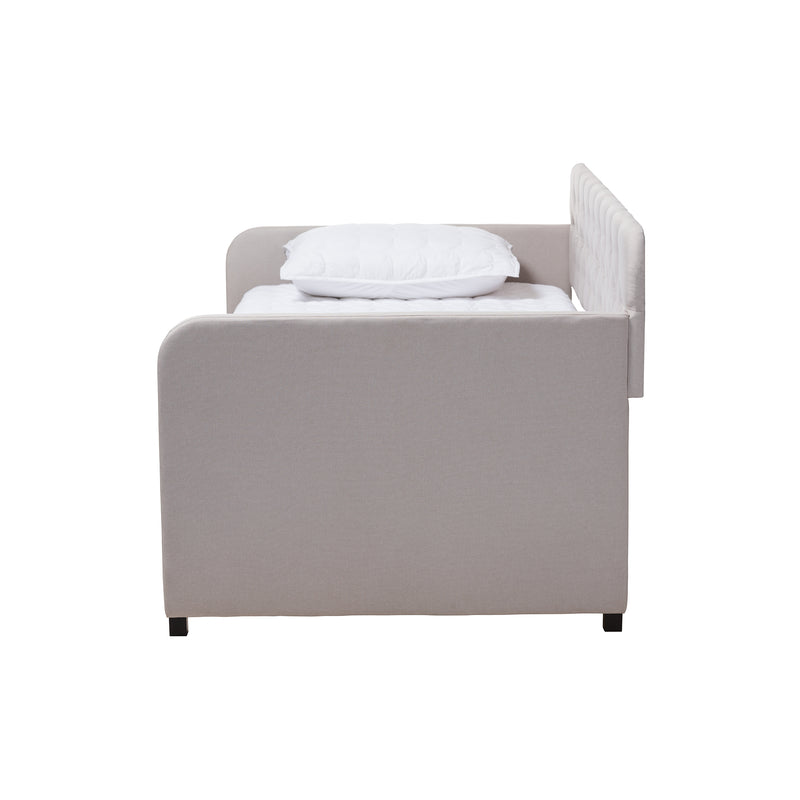 Camelia Sofa Daybed - Modern and Contemporary Beige Fabric Upholstered Button-Tufted with Roll-Out Trundle Guest Bed