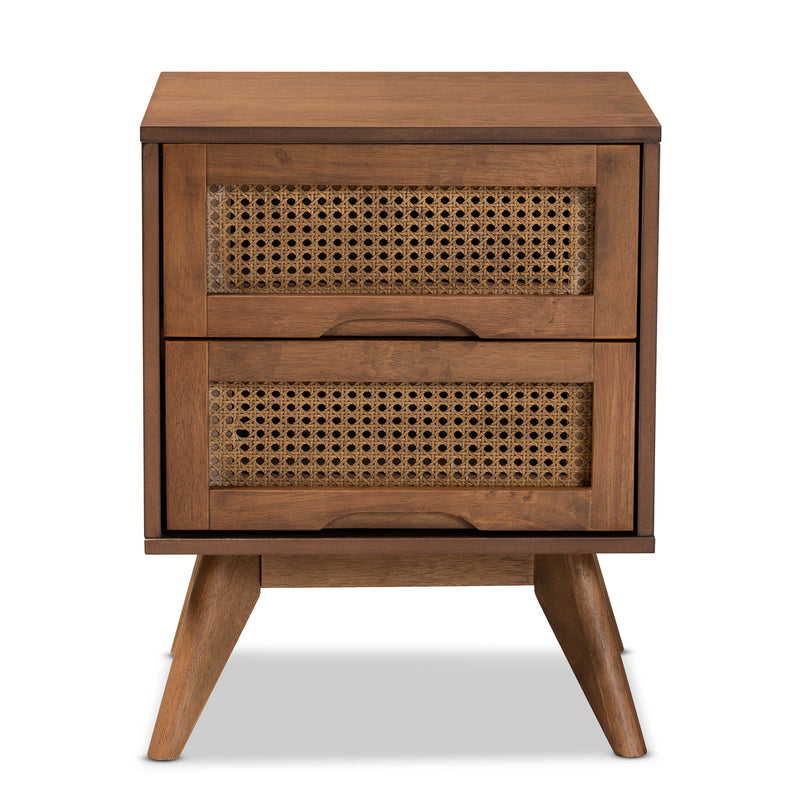 Barrett Mid-Century Modern Nightstand Walnut Brown Wood with Synthetic Rattan Featuring 2 Drawers for Stylish Storage